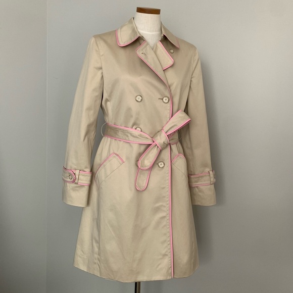 COACH Classic Double Breasted Trench Coat Beige with Pink Trim Size Large - Picture 1 of 13